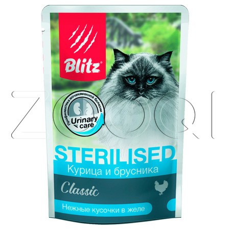 Blitz Classic Chicken & lingonberry Sterilised Adult Cat для кастрированных котов и стерилизованных кошек (Курица и брусника в желе), 85 г