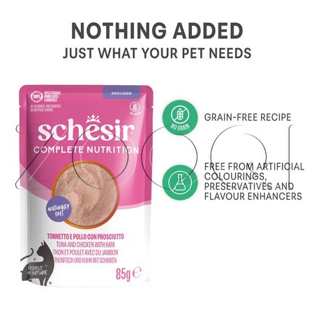Мусс Schesir Cat Complete Nutrition для кошек (тунец, курица, ветчина), 85 г