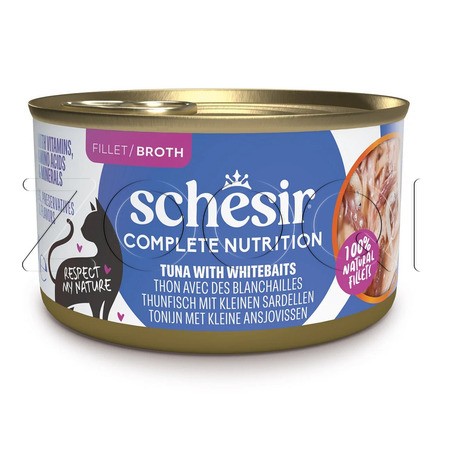 Консерва Schesir Cat Complete Nutrition для кошек (тунец, мальки в бульоне), 85 г