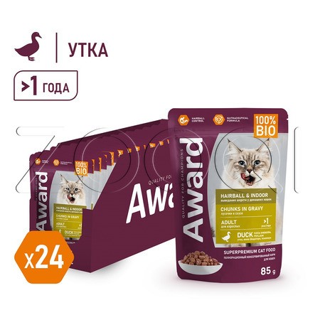 Пауч Award Hairball & Indoor для кошек (утка), 85 г