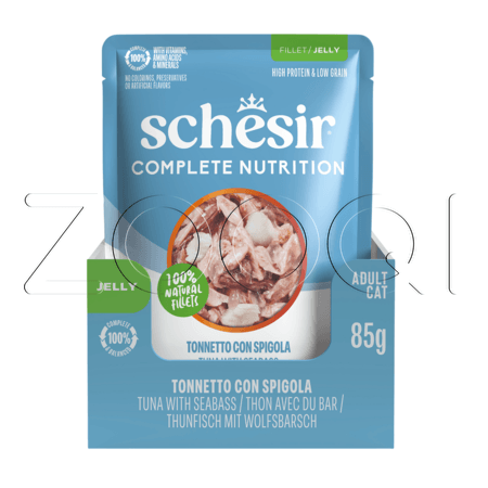 Пауч Schesir Cat Complete Nutrition для кошек (тунец, сибас в желе), 85 г
