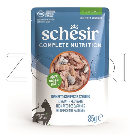 Пауч Schesir Cat Complete Nutrition для кошек (тунец, сардины в желе), 85 г