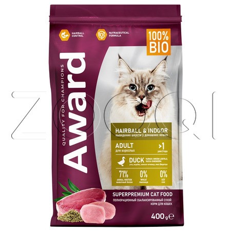 Корм Award Hairball & Indoor для кошек (утка, индейка, чечевица, юкка)