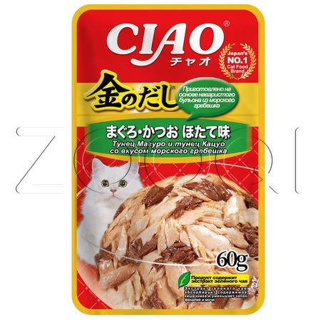 Пауч INABA CIAO Kinnodashi для кошек (тунец Магуро и Кацуо, морской гребешок), 60 г