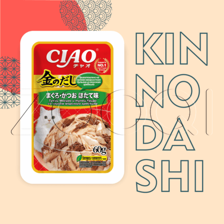 Пауч INABA CIAO Kinnodashi для кошек (тунец Магуро и Кацуо, морской гребешок), 60 г