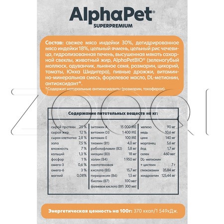 Корм AlphaPet Superpremium MONOPROTEIN для собак (индейка)