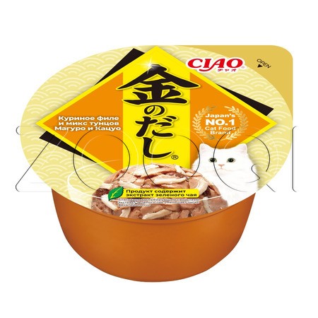 Консерва INABA CIAO Kinnodashi Сup для кошек (куриное филе и микс тунцов Магуро и Кацуо), 70 г