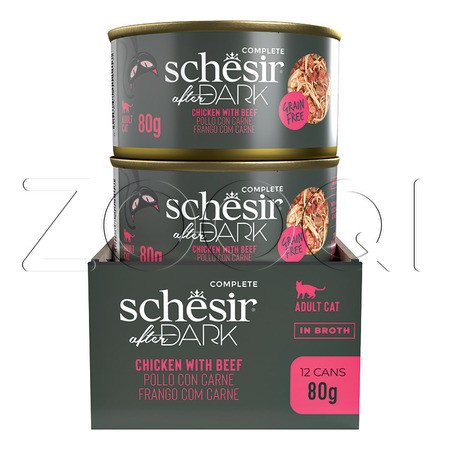 Schesir Cat After Dark Консервы с курицей и говядиной в бульоне для взрослых кошек, 80 г