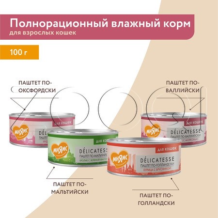 Паштет Мнямс Деликатес «По-мальтийски» для кошек (кролик, фасоль), 100 г