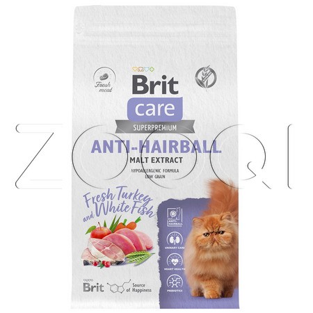 Brit Care Cat Anti-Hairball с белой рыбой и индейкой для взрослых кошек