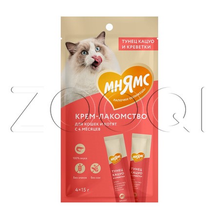 Мнямс Крем-лакомство для кошек и котят (тунец Кацуо, креветки), 15 г х 4 шт