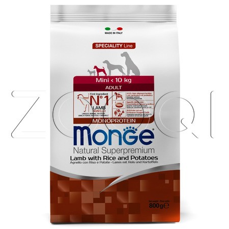Корм Monge Dog Speciality Line Monoprotein Mini Adult для собак (ягненок, рис, картофель)