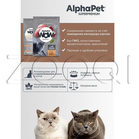 AlphaPet WOW Superpremium с индейкой и потрошками для взрослых стерилизованных кошек