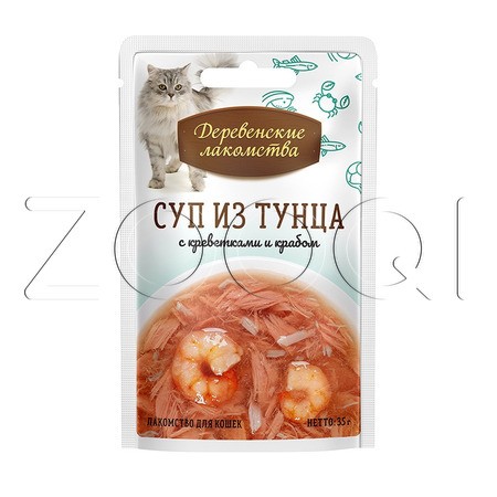 Деревенские лакомства Суп из тунца с креветками и крабом для кошек, 35 г