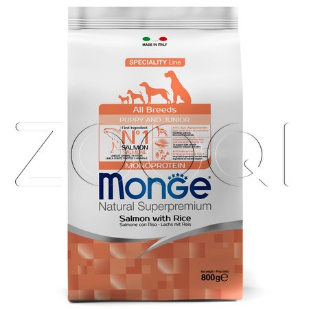 Корм Monge Dog Speciality Line Monoprotein Puppy & Junior для щенков (лосось, рис)