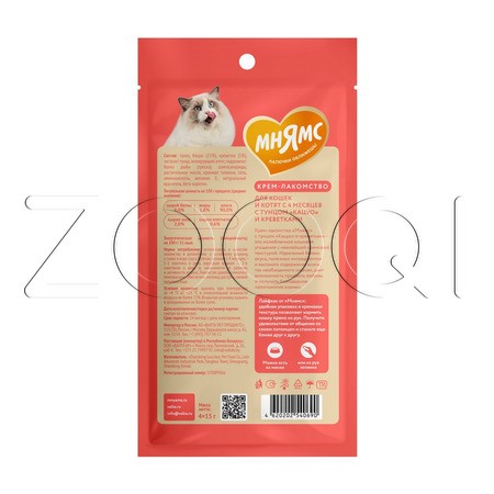 Мнямс Крем-лакомство для кошек и котят (тунец Кацуо, креветки), 15 г х 4 шт