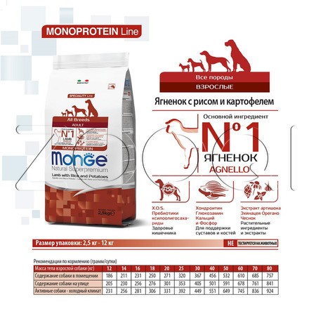 Monge Dog Speciality Line Monoprotein Adult для взрослых собак всех пород (ягненок с рисом и картофелем)