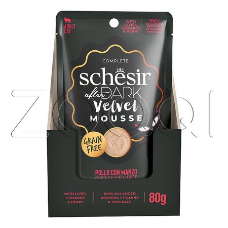 Schesir Cat After Dark Velvet Мусс из курицы и говядины для взрослых кошек, 80 г