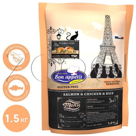 Корм Bon Appetit Сat Adult Sensitive для кошек (лосось, курица)