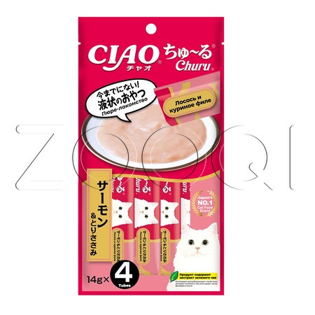 INABA CIAO Churu Пюре-лакомство для кошек (лосось, куриное филе), 14 г x 4 шт