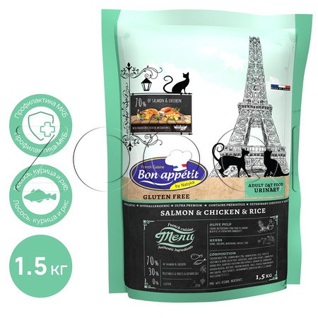 Корм Bon Appetit Сat Adult Urinary для кошек (лосось, курица)