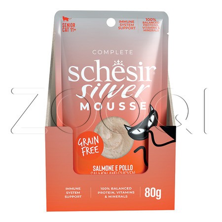 Schesir Cat Silver Senior Мусс из лосося и курицы для пожилых кошек, 80 г