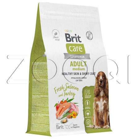 Brit Care Dog Adult M Healthy Skin & Shiny Coat с лососем и индейкой для взрослых собак средних пород