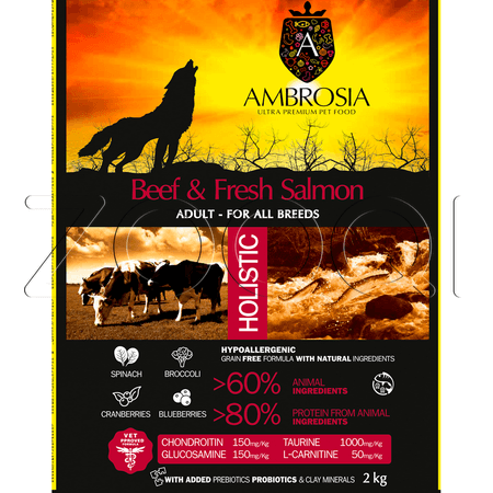 AMBROSIA Grain Free Beef Adult & Fresh Salmon для взрослых собак всех пород (говядина, лосось)