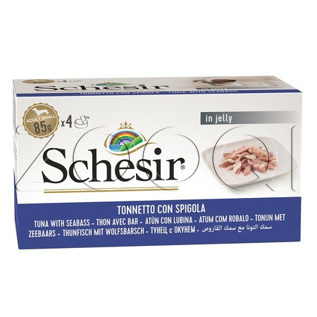 Schesir Dog Консервы с тунцом и окунем в желе для взрослых собак мелких пород (мультиупаковка), 4 x 85 г