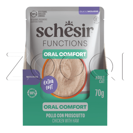 Мусс Schesir Cat Functions Oral Comfort для кошек (курица, ветчина), 70 г