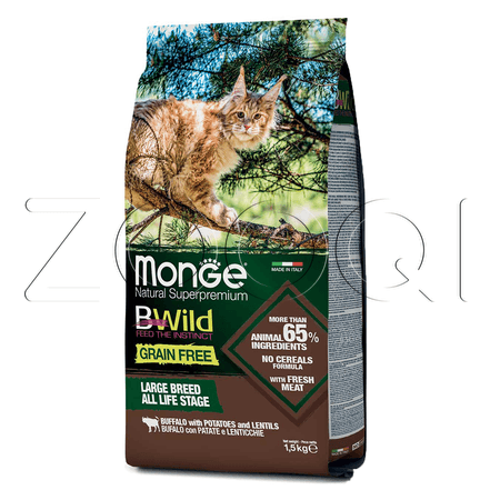Monge Cat Bwild Grain Free Adult для взрослых кошек крупных пород (буйвол, картофель)