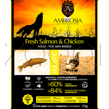AMBROSIA Grain Free Mini Adult Fresh Salmon & Chicken для взрослых собак мелких пород (лосось, курица)
