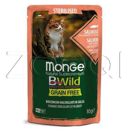 Monge Cat BWild Grain Free Sterilised для стерилизованных кошек (лосось с креветками и овощами), 85 г