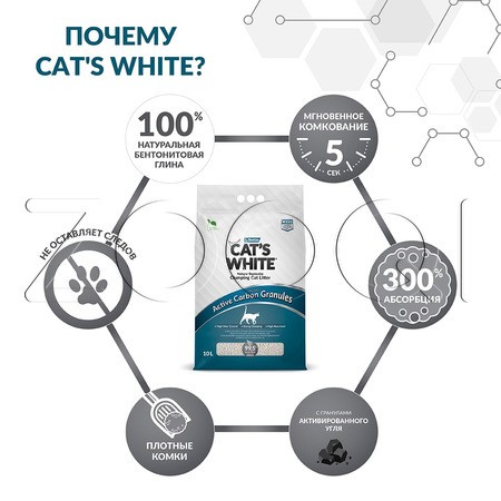 Cat's White Active Carbon Granules наполнитель комкующийся для кошачьего туалета с гранулами активированного угля