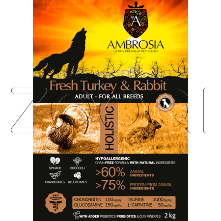 AMBROSIA Grain Free Adult Fresh Turkey & Rabbit для взрослых собак всех пород (индейка, кролик)