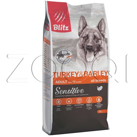 Blitz Sensitive Turkey & Barley Adult Dog All Breeds для взрослых собак всех пород (Индейка с ячменем)