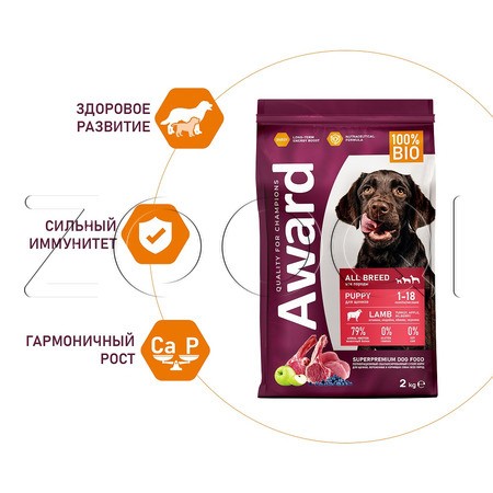 Корм Award для щенков, беременных и кормящих сук (ягненок, индейка, яблоко, черника)
