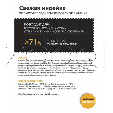 Корм Ambrosia Mediterranean Diet Fresh Turkey для собак (индейка)