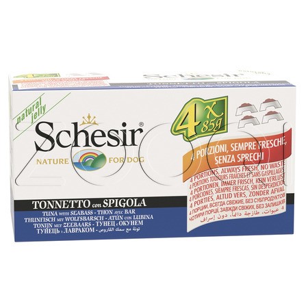 Schesir Dog Консервы с тунцом и окунем в желе для взрослых собак мелких пород (мультиупаковка), 4 x 85 г