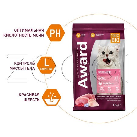 Корм Award Sterilized для кошек (индейка, курица, клюква, цикорий)