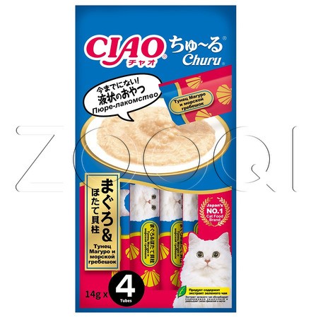 INABA CIAO Churu Пюре-лакомство для кошек (тунец Магуро, морской гребешок), 14 г x 4 шт