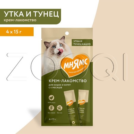 Мнямс Крем-лакомство для кошек и котят (утка, тунец Кацуо), 15 г х 4 шт