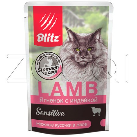 Blitz Sensitive Lamb & Turkey Adult Cat для взрослых кошек (Ягнёнок с индейкой в желе), 85 г