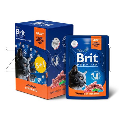 Brit Premium Пауч (5+1) для взрослых стерилизованных кошек с лососью в соусе, 85 г x 6 шт