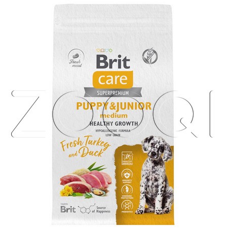 Brit Care Dog Puppy & Junior M Healthy Growth с индейкой и уткой для щенков и молодых собак средних пород
