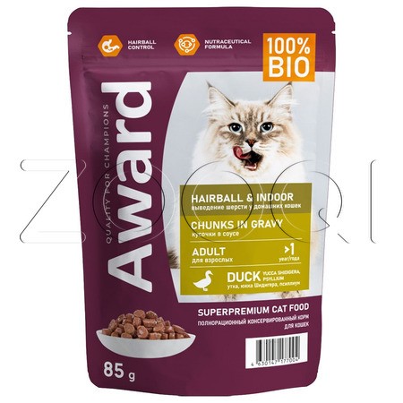 Пауч Award Hairball & Indoor для кошек (утка), 85 г