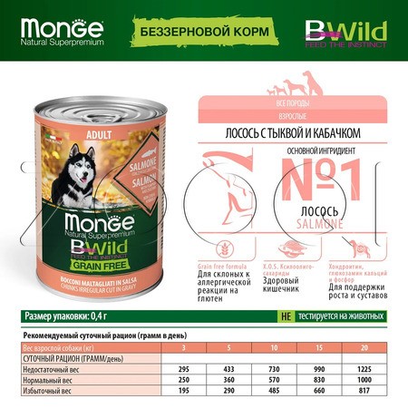 Monge Dog BWild Grain Free Adult Salmon для взрослых собак (лосось, тыква, кабачки), 400 г