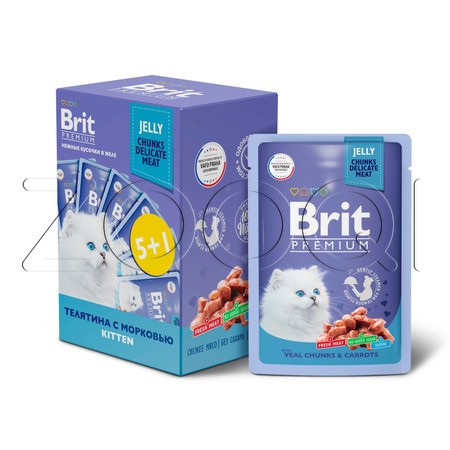 Brit Premium Пауч (5+1) для котят телятина с морковью в желе, 85 г x 6 шт