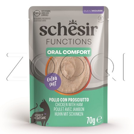 Мусс Schesir Cat Functions Oral Comfort для кошек (курица, ветчина), 70 г