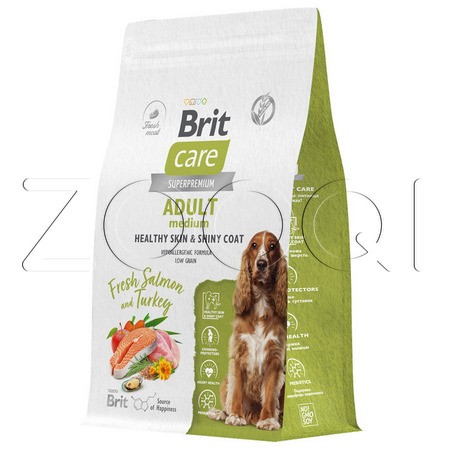 Brit Care Dog Adult M Healthy Skin & Shiny Coat с лососем и индейкой для взрослых собак средних пород